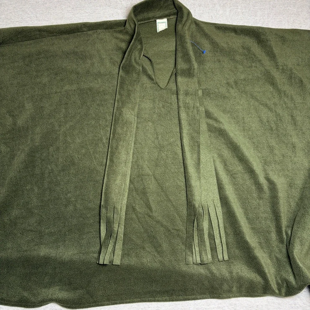 Vintage USA Made Womens‎ Poncho Wrap OS Olive Green Fleece Fringe Scarf Boho